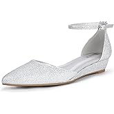 IDIFU Women's Low Wedge Flats Closed Pointed Toe Dress Shoes for Women with Adjustable Ankle Strap Wedding Bridal Work Office Business Prom Comfortable Dressy Casual Formal Cute Flat Shoes