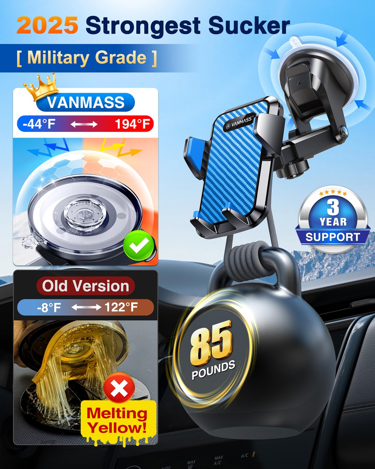 VANMASS 【85+LBS Strongest Suction & Military-Grade 2025 Ultimate Car Phone Mount【Patent Safety Certs】 Cell Phone Holder Truck Stand Dashboard Windshield Vent for iPhone 16 15 Pro Max 14 Samsung, Blue