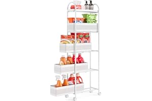 KINGRACK 5-Tier Slim Storage Cart with Pull Out Basket, Rolling Bathroom Organizer Utility, Metal Shelving Unit Slide Out, Lockable Wheels, Easy Assembly for Narrow Place, Kitchen, Laundry Room, White