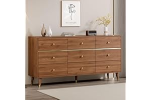 Chrangmay 9 Drawer Dresser with 4 Foldable Drawer Dividers,63" Wide Mid Century Modern Chest of Drawers,Wood Storage Drawer Organizer for Bedroom, Living Room,with Anti-Tipping Device,Tan