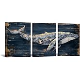 iKNOW FOTO Blue Whale Wall Art Set of 3 Each Size 12x16 Inch Stretched Canvas Prints Navy Indigo Abstract Ocean Animal Paintings for Living Room, Bedroom, Kitchen Decor