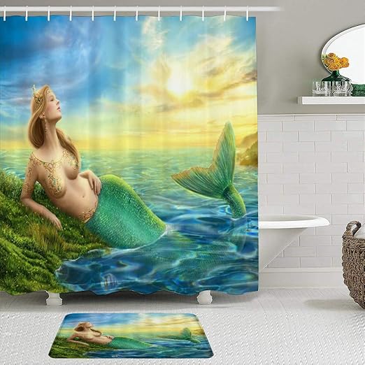 MTevocon Duschvorhang Sets mit rutschfesten Teppichen,Meerjungfrau