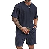 RoseSeek Men's 2 Piece Outfits Textured Drop Shoulder T Shirt and Short Sets Summer Outfits Tracksuit