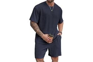 RoseSeek Men's 2 Piece Outfits Textured Drop Shoulder T Shirt and Short Sets Summer Outfits Tracksuit