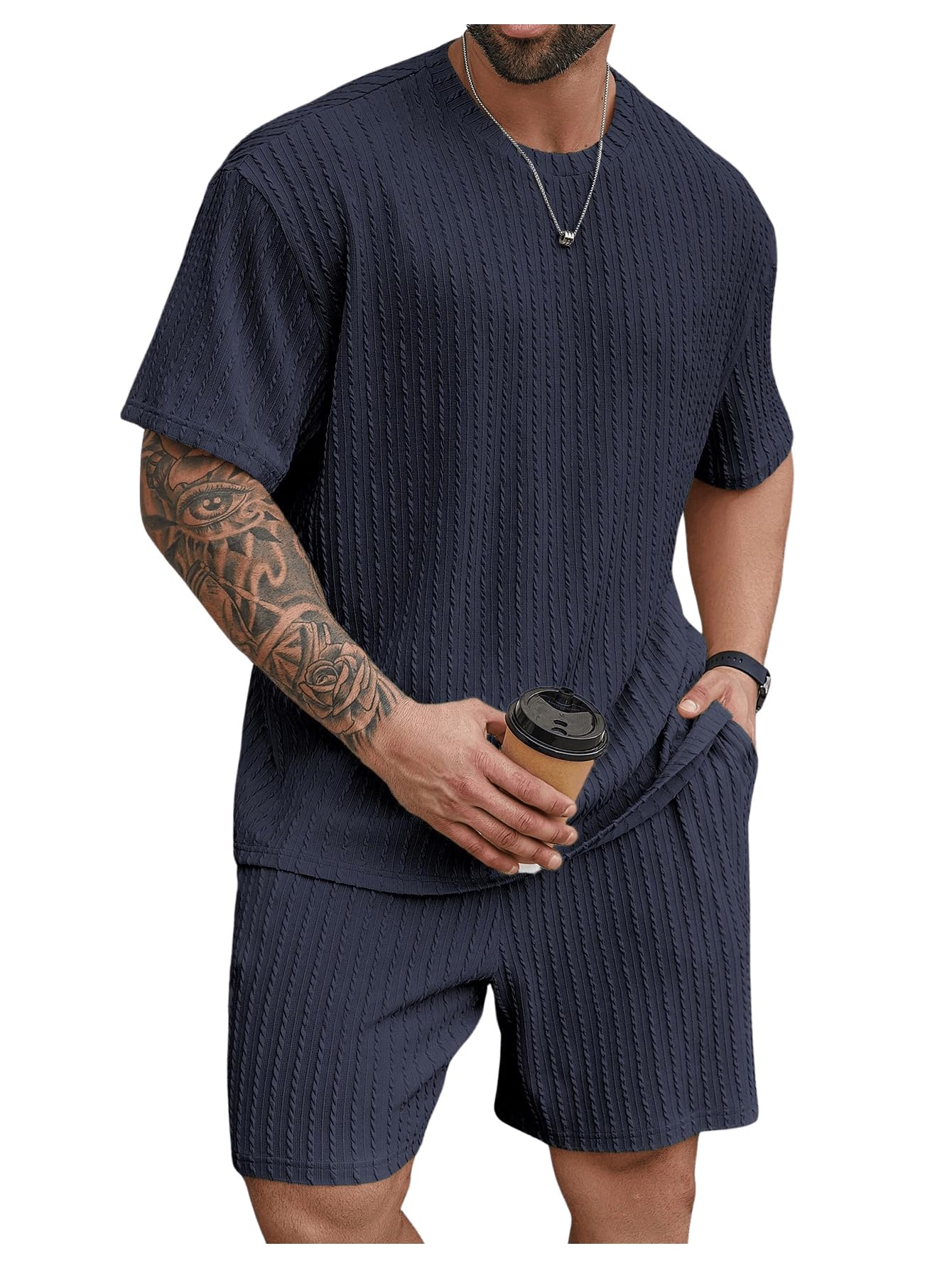 RoseSeek Men's 2 Piece Outfits Textured Drop