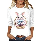 Easter Shirts for Women 2026 Funny Cute Bunny Egg Printed Tees Casual 3/4 Sleeve Tops Happy Easter T-Shirt Outfits