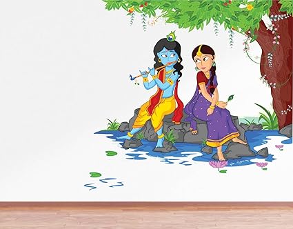 Rawpockets Decals Lord Krishna Playing Flute with Radha on River Bed Wall Sticker - (PVC Vinyl, 80 cm x 80 cm, Multicolour)