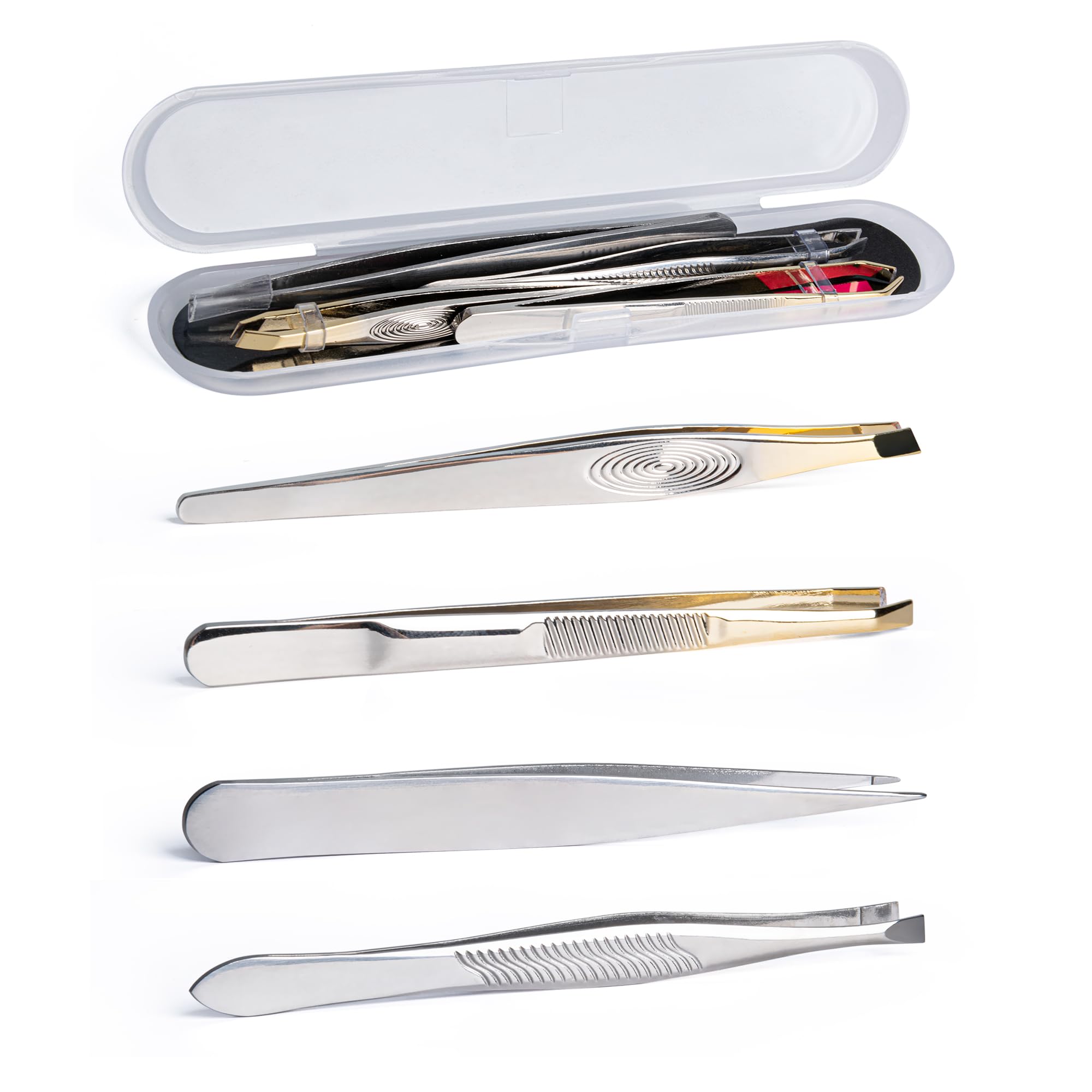 4 Pcs Tweezer Set for Facial Hair Removal, Stainless Steel Slant & Pointed Tweezers for Women Men, Ingrown Hair Splinter Blackhead Remover Kit with Travel Case, Precision Eyebrow Plucking Tools