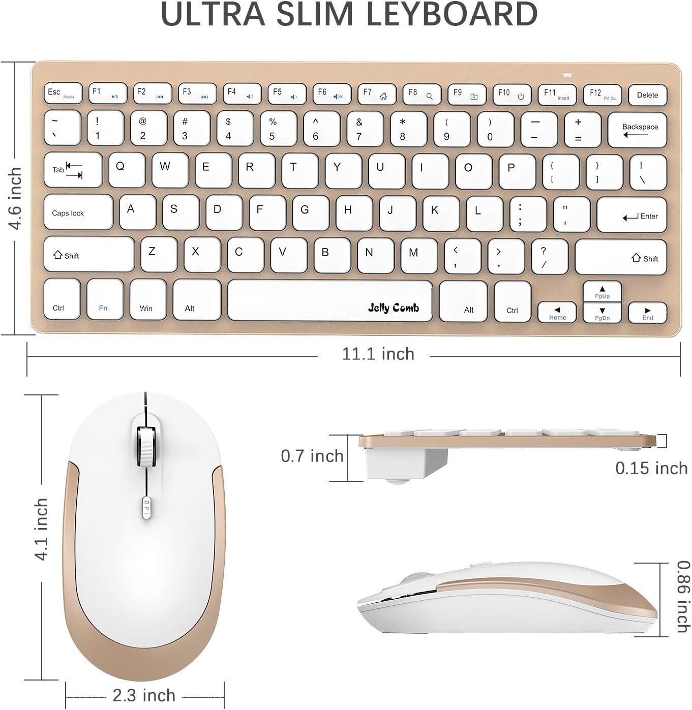 Wireless Keyboard and Mouse, Jelly Comb 2.4G Slim Compact Quiet Small Keyboard and Mouse Combo for Windows, Laptop, PC, Notebook-White and Gold: Computers & Accessories