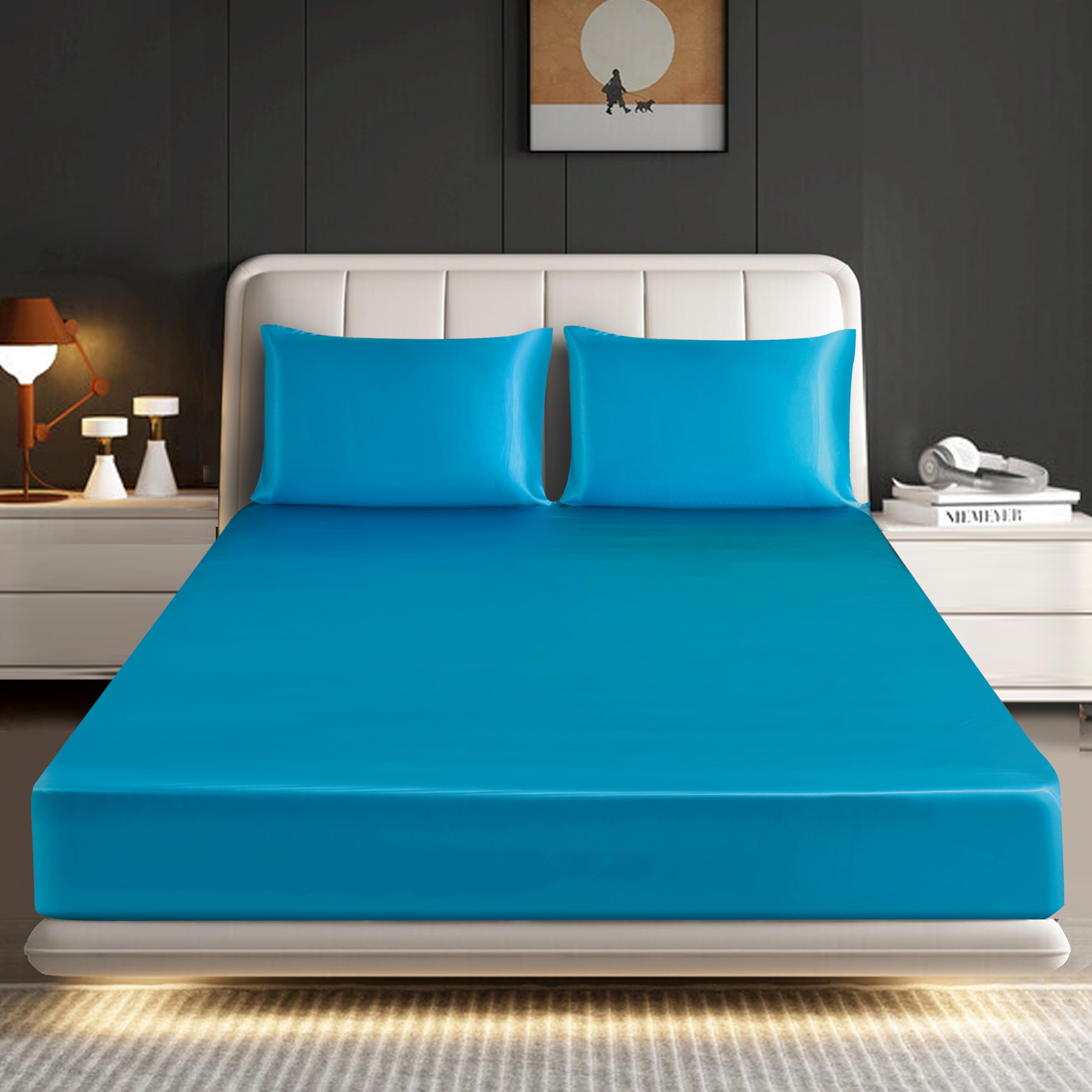 ROOEE Satin Silk Fitted Sheet with Pillowcase Set Breathable Soft Bedding Brushed Fabric Wrinkle, Shrinkage and Fade Resistant Bottom Bed Sheets (TEAL, Double)