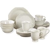 Lenox French Perle White Stoneware 16-Piece Dinnerware Set for 4 | dishwasher safe, microwave safe | plates and bowls sets for kitchen and dining, dish set, dishes, gift for women