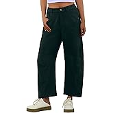 IWOLLENCE Women's Corduroy Barrel Cropped Pants Mid-Rise Elastic Waist Cord Wide Legs Baggy Pant with Pockets