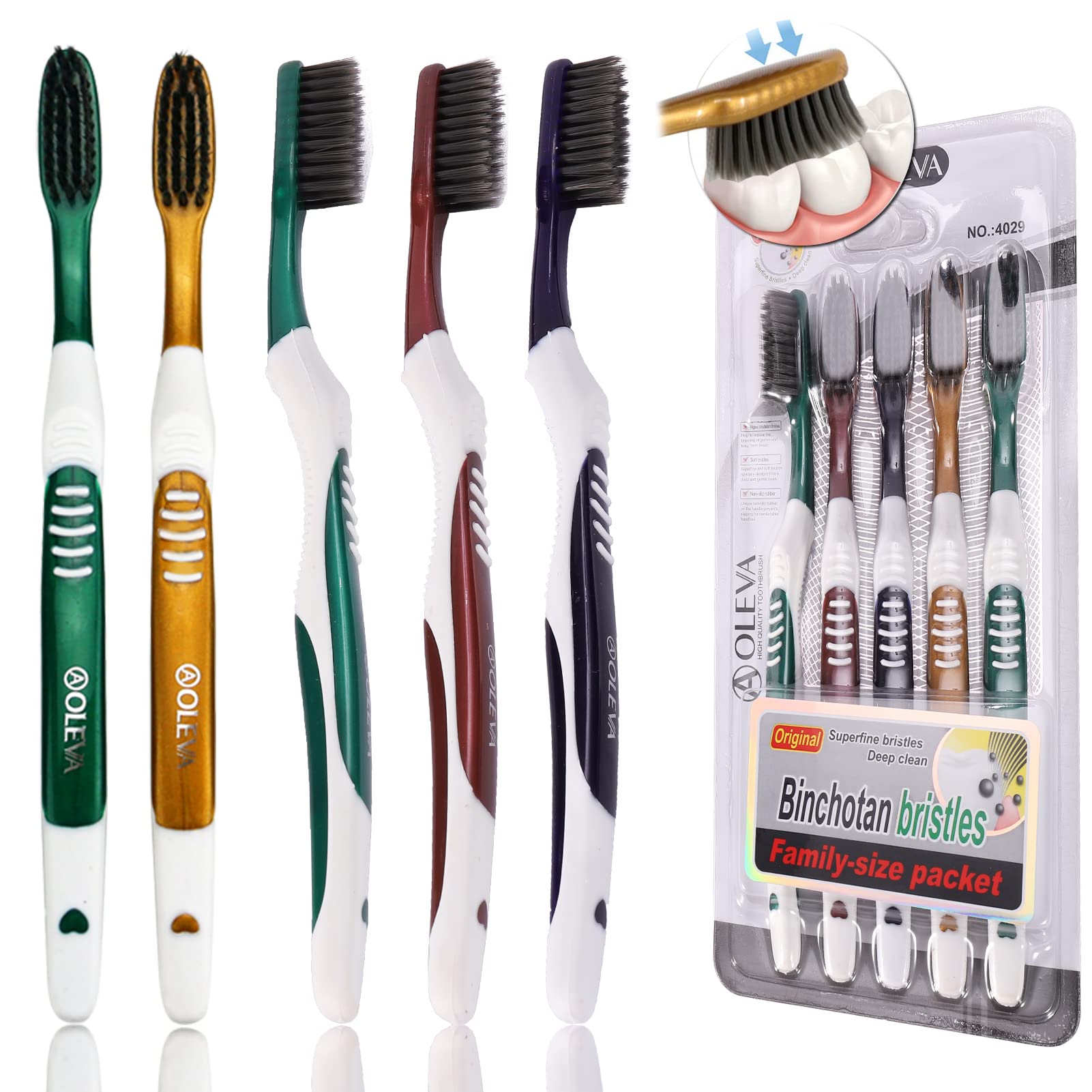 AOLEVA Set 5 Count Soft Toothbrush Manual for Adults Toothbrushes Multipack Black Charcoal Bristles for Family Medium Size Random Color