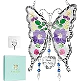 LARAINE Butterfly Suncatcher with Pressed Colourful Flower Wings Mom Mother's Day Butterfly Glass Wind Chime Ornament Charm with Metal Heart Gifts for Mom Grandma Aunt Birthday (Purple, Nana)