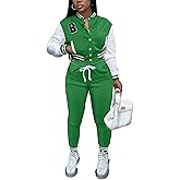 AIIYYQB Womens Two Piece Tracksuit Button Down Cropped Varsity Jacket Pants Set Jogger Sweatsuit
