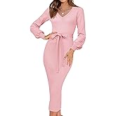 HAEOF Womens 2026 Puff Long Sleeve Fall Winter Sweater Dress Trendy Ribbed Knit V Neck Business Work Midi Bodycon Dresses