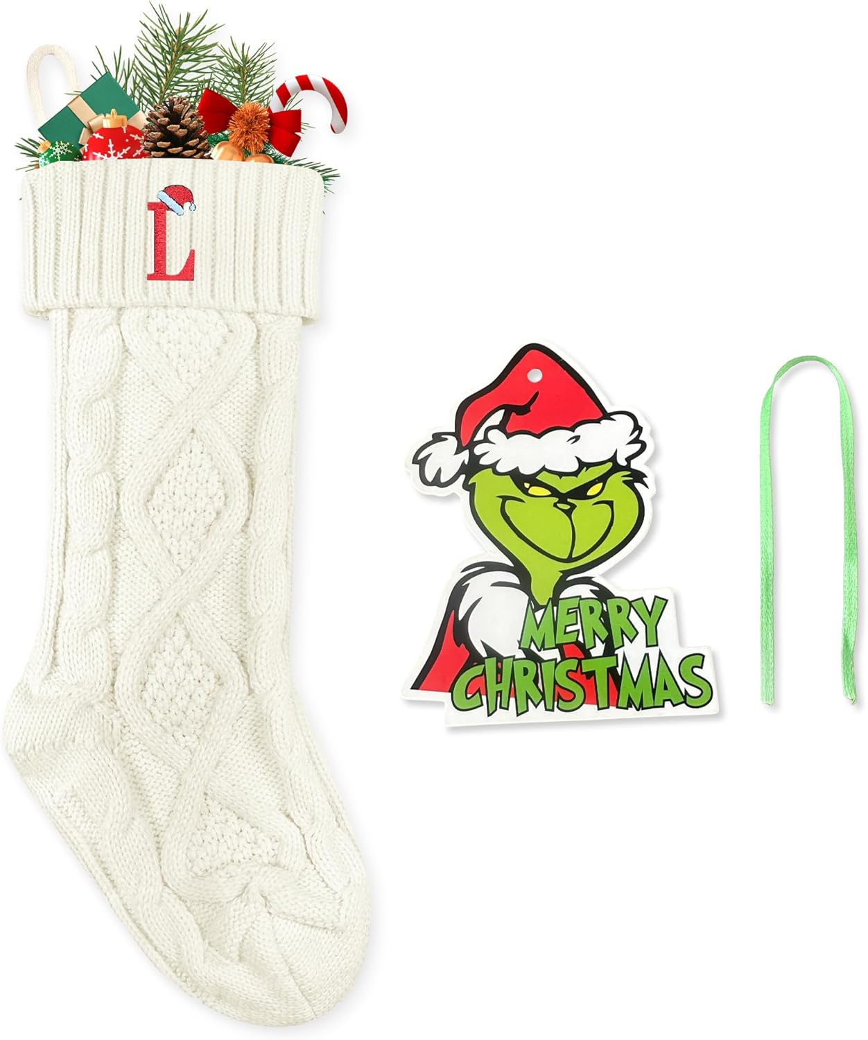 Stockings & Holders - CRSTAFU L Personalized Christmas Stockings, 20 Inch Large Family Embroidered Initials White Knitted Xmas Stocking