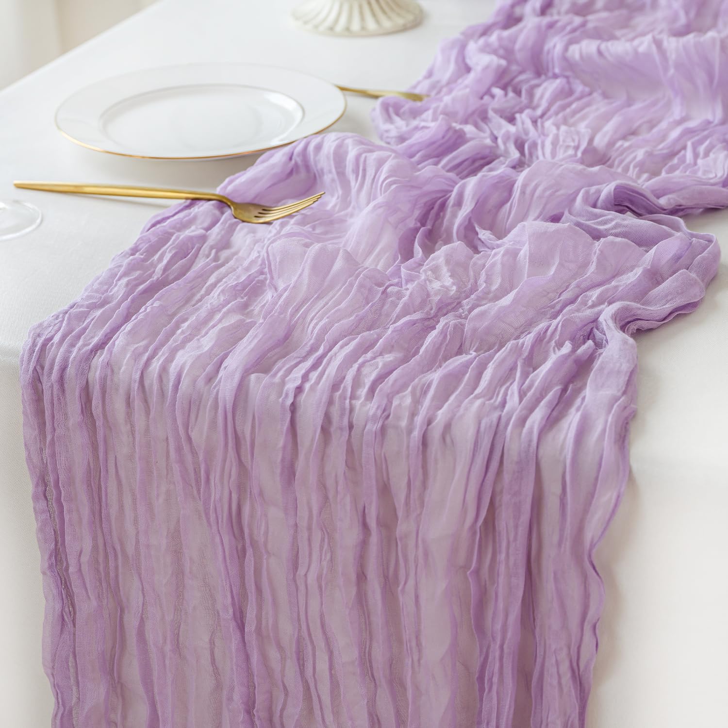 Photo 1 of Sioloc 1 Pack Lilac Purple Lavender Cheesecloth Table Runner Spring Decor 10ft Boho Gauze Cheese Cloth Runner for Easter Tea Wedding Party Baby Bridal Shower Birthday
