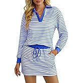 ATOFY Women's 2 Piece Outfits Striped Polo Sweatshirt Skirt Sets Long Sleeve Workout Skorts Set with Pockets Built In Skorts