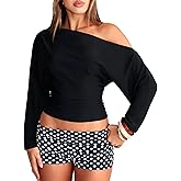 OZICERD Long Sleeve Off The Shoulder Tops Cropped Shirts for Women Ruched Cinched Waist Shirt Cute Going Out Crop Top