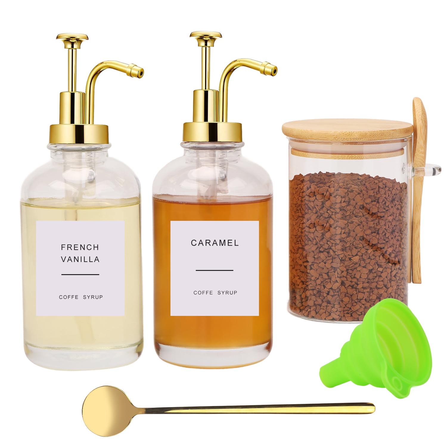 Photo 1 of **MISSING JAR**
Forhaodejia Coffee Bar Accessories, Coffee Syrup Dispenser-2 Pcs16.9 oz, Syrup Pump Dispenser for Coffee Bar, with Glass Bamboo Lid Jar with Spoon, Gold Pump Syrup Dispenser with Labels