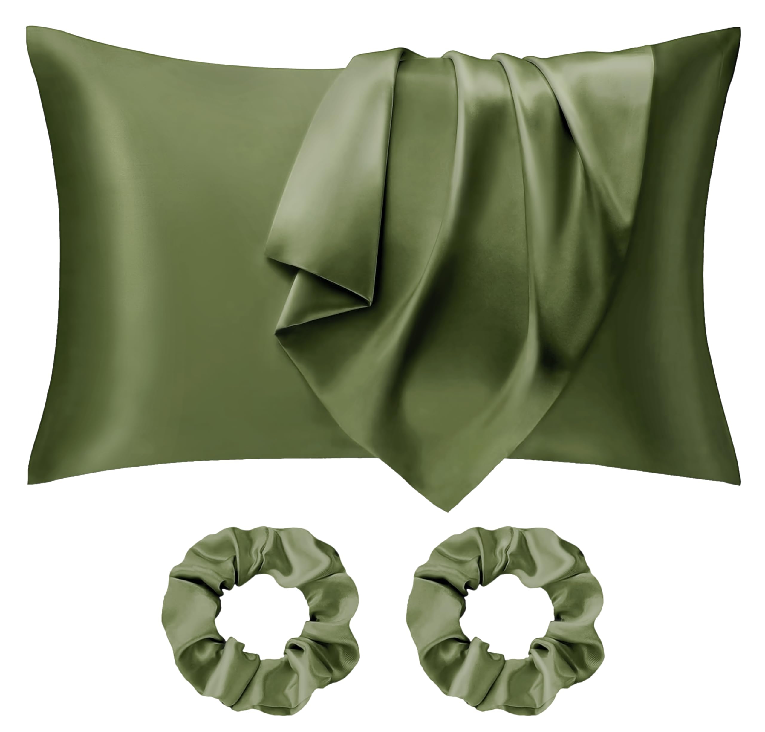 Seiwohl Satin Pillowcases for Hair and Skin 2 Pack & Satin Hair Scrunchies 2 Pcs Set, Silky Pillow Cases with Envelope Closure, Olive Green, Standard Size 50x75 cm
