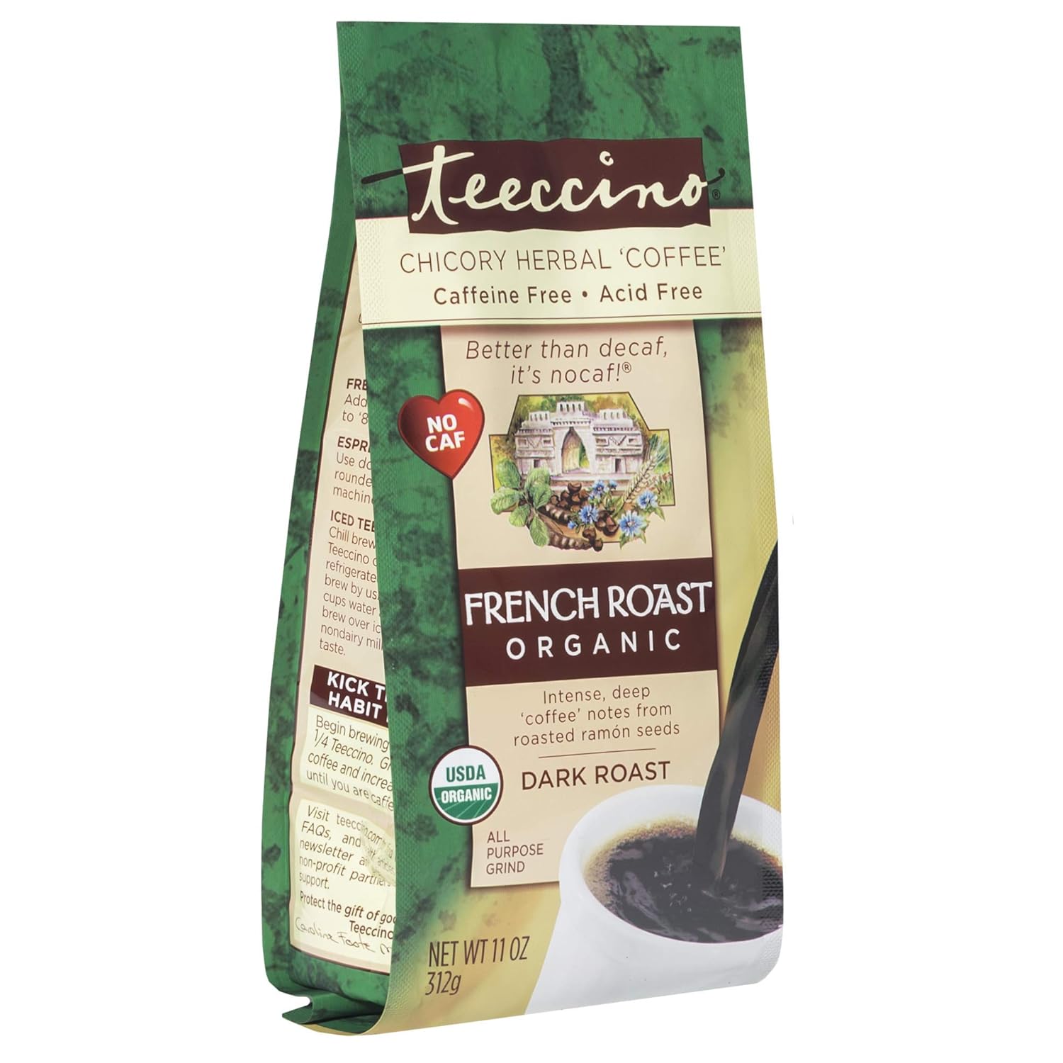 Teeccino Chicory Coffee Alternative &ndash; Organic French Roast &ndash; Herbal Coffee | Ground Coffee Substitute | Prebiotic | Caffeine Free | Acid Free, 11 Ounce