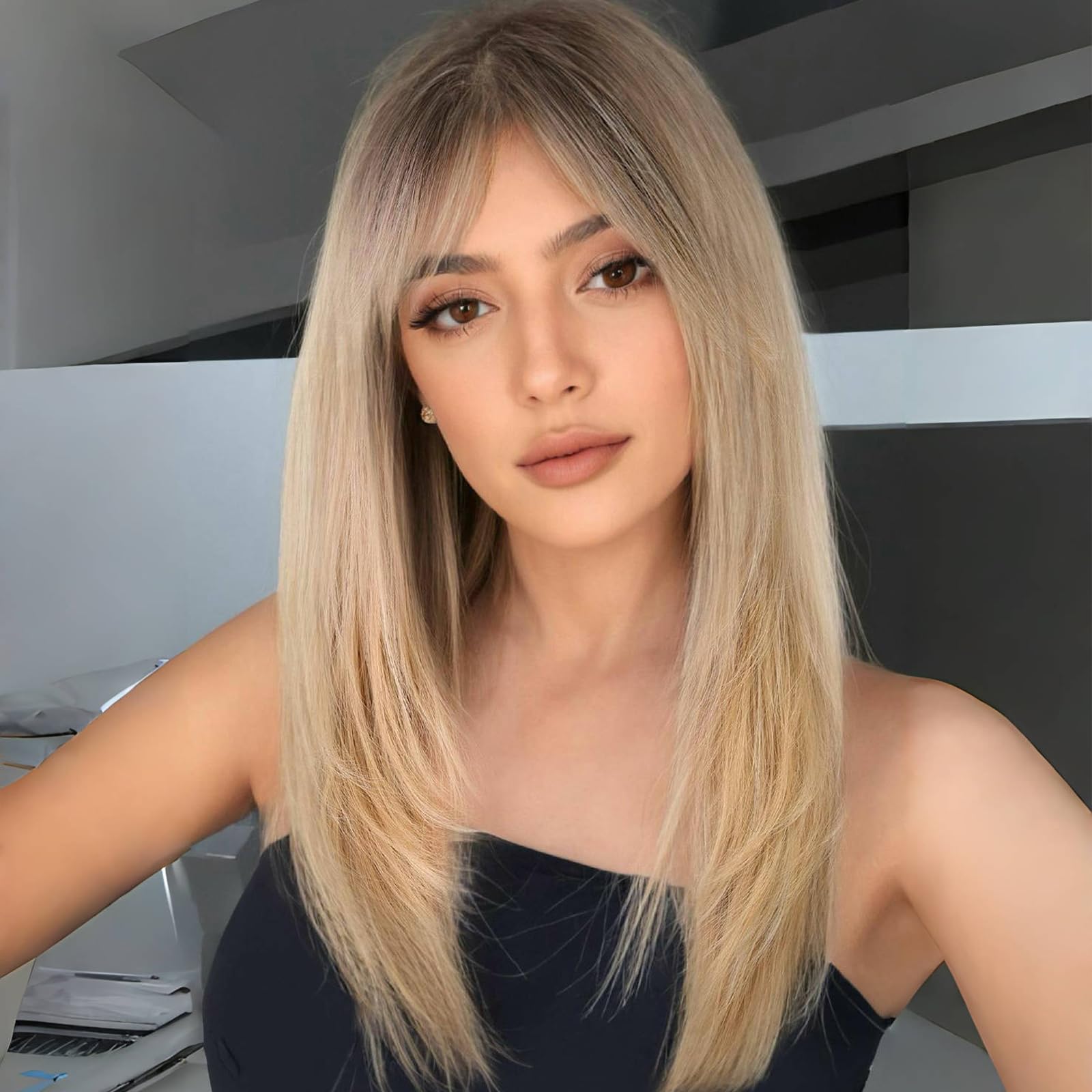 WOKESTAR Long Straight Wigs for Women with Curtain Fringe, Layered Synthetic Color Hair(Blonde with Dark Roots) — image 1