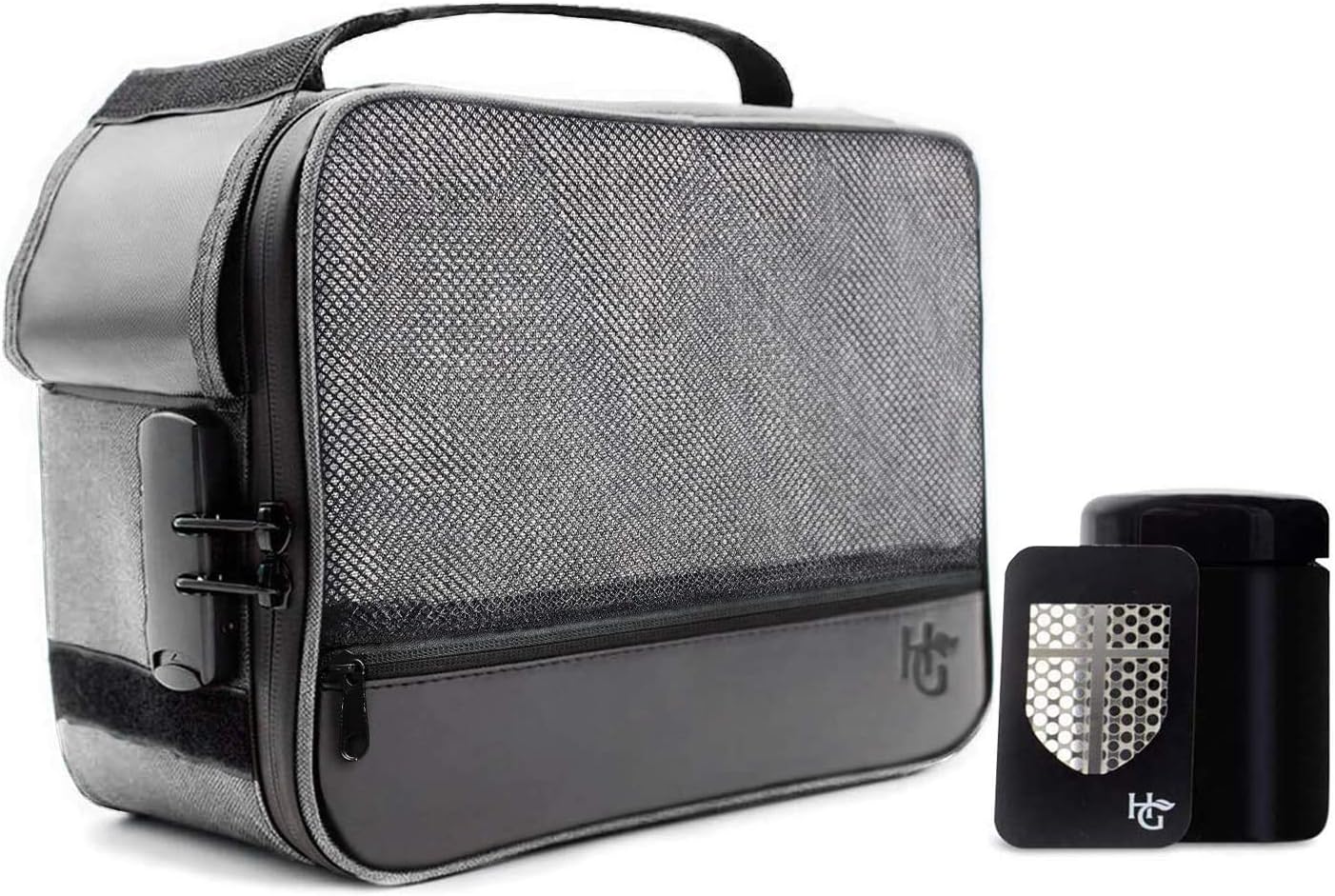 Extra Large Smell Proof Case with Combination Lock by Herb Guard (Stash Box Holds 5 Ounces of Herbs and Dried Foods) Comes with Smell Proof Jar, Humidity Pack, Built In Tray, Bags and Grinder Card