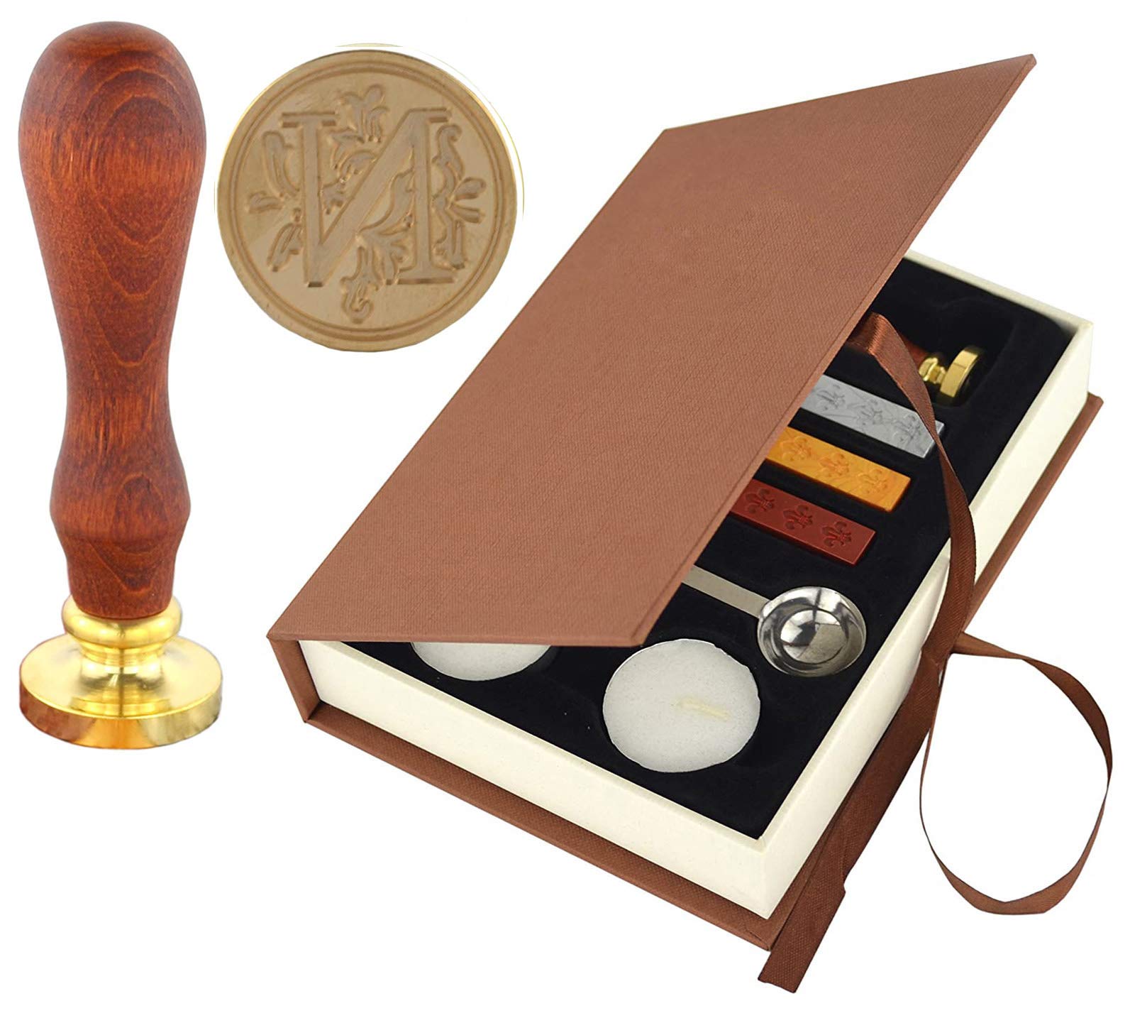 Hexint Initials Letter Wax Seal Stamp Kit Retro Classical Sealing Wax Stamp Set with 3pcs Sealing Wax Sticks and 1pc Melting Spoon and 2pcs White Candles (Letter N)