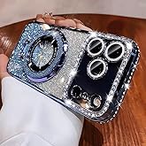 Magnetic Stand Glitter Case for iPhone 17 Pro Max, [Comatible with Magsafe], Luxury Cute Sparkly Bling Diamond Camera Lens Protector 2in1 Women Girls Soft Phone Cover Case for iPhone 17 Pro Max,Blue