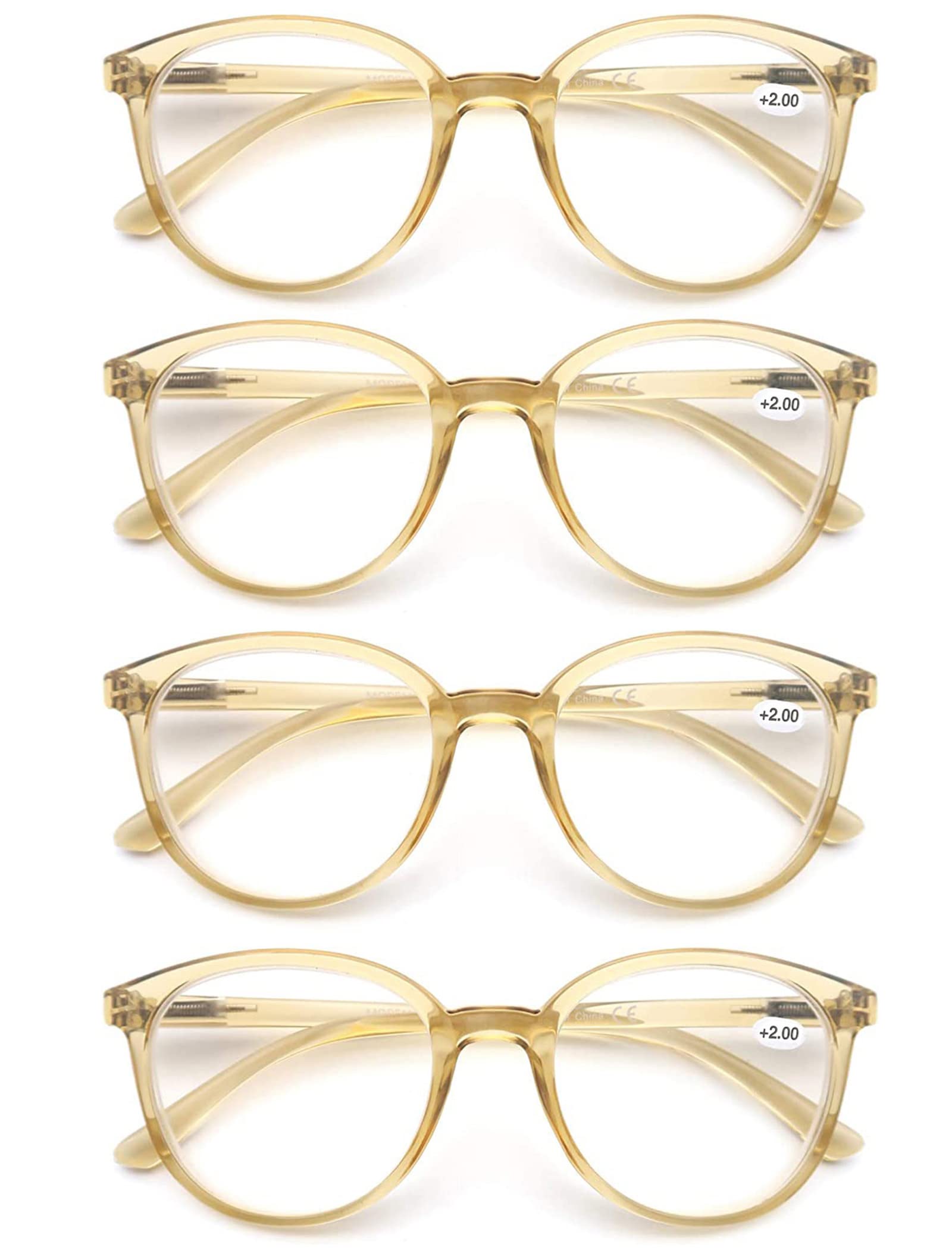 MODFANS 4-Pack Reading Glasses Fashion Printed for Men Women,Readers Glasses Round Frame Comfort Spring Hinges,Eyeglasses(4 Yellow)