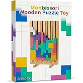 RHYZIA Wooden Montessori Brain Blocks, Quick-Reset Pattern Bag, Gift 3+ | 2-in-1 Building &amp; Puzzle Game, 9 Shapes, 20 Challenges, Instruction Guide, Screen-Free, Educational Play