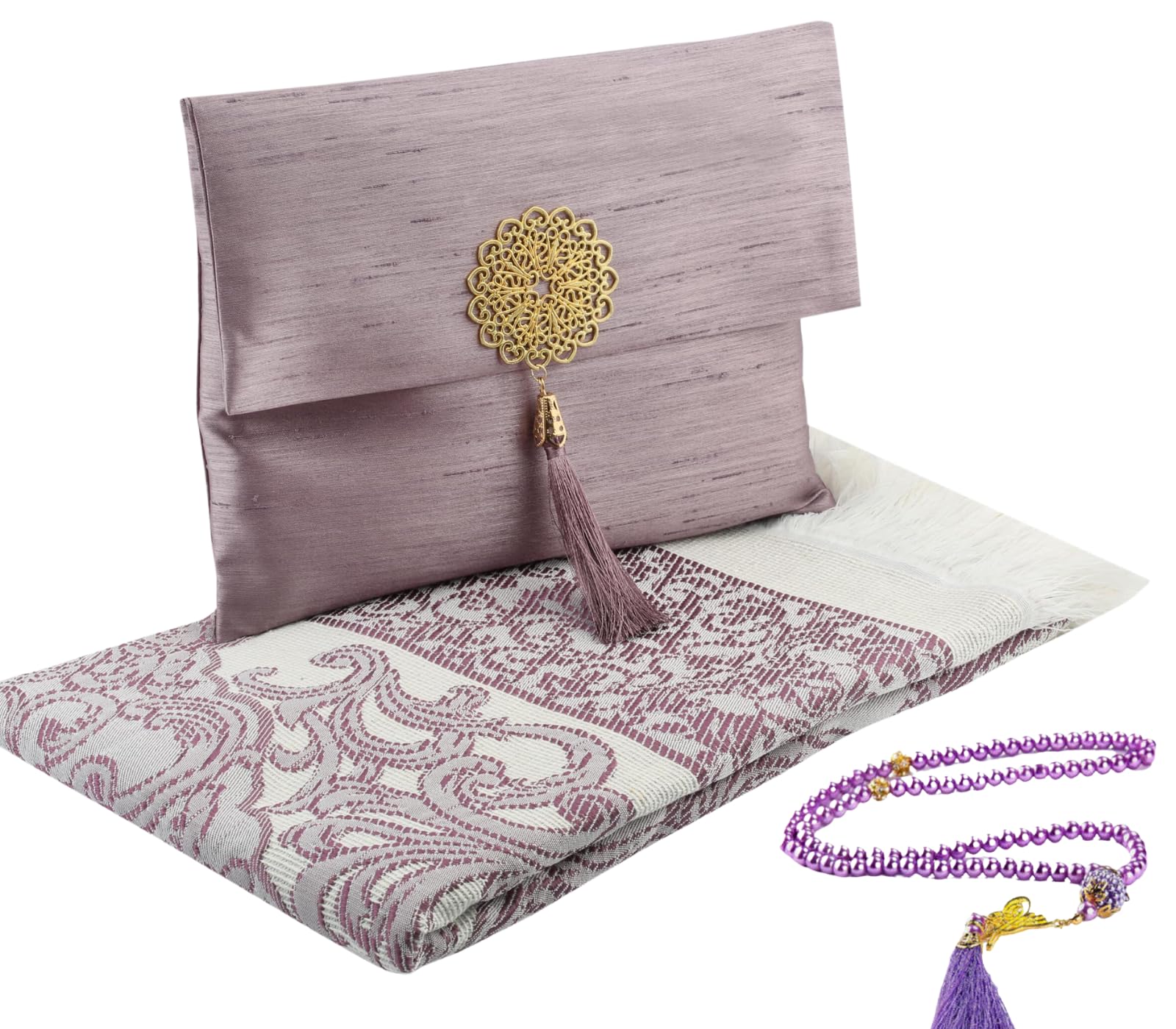 Prien Muslim Prayer Rug With Tasbih Beads and Portable Bag, Muslim Gift For Women Men, Mubarak Islamic Box, Soft Mat Gifts Set, Turkish Carpet For Ramadan, Eid, Hajj, Travel (Lilac)
