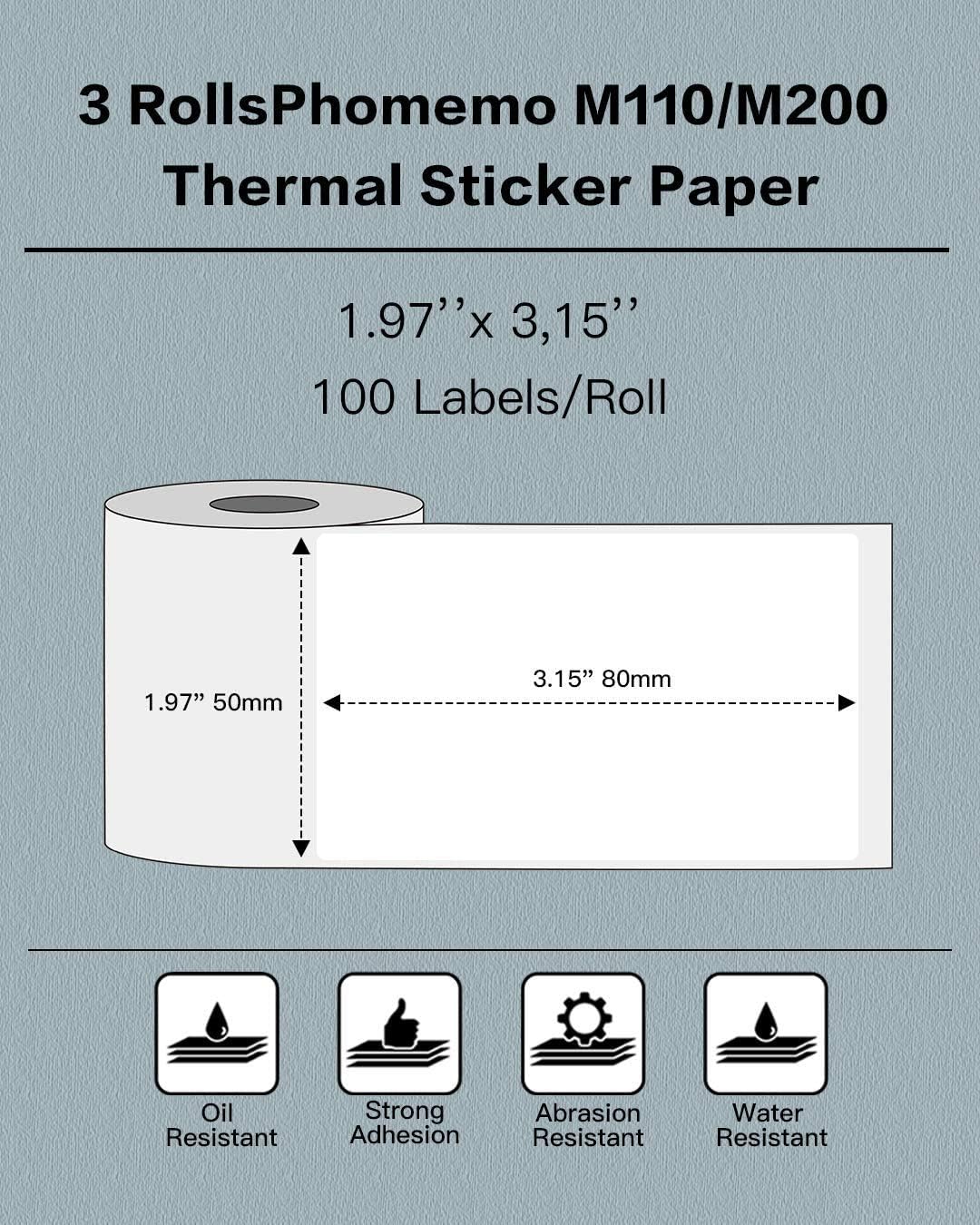 Phomemo 3 Rolls M110 Label, 1.97"x3.15" (50x80mm), 300 Labels, White Rectangular Thermal Labels for Phomemo Printers - Image 3
