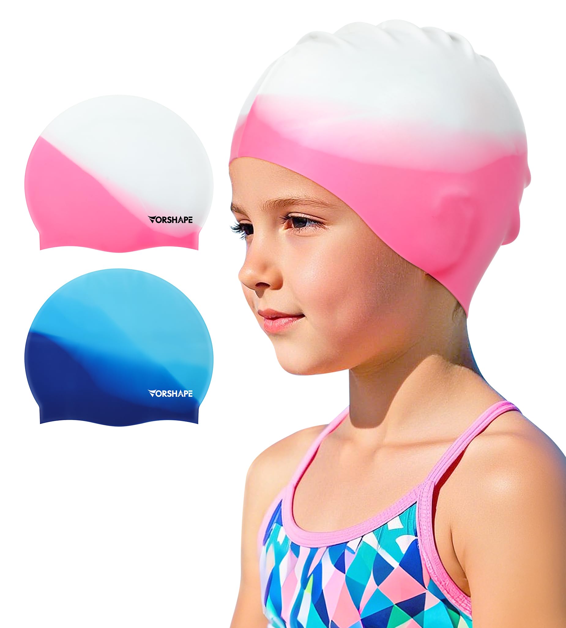 Photo 1 of Vorshape Swim Cap Kids (2 Pack), Durable Waterproof Swimming Cap for Girls Boys Teens Toddler Aged 8-15, Comfortable Fit Swim Cap for Long Hair, Silicone Swim Caps for Kids, Light Pink & Blue