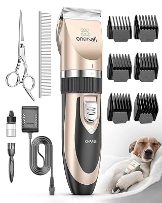 oneisall Dog Clipper Low Noise, Dog Grooming Kit with Rechargeable, Pet Shaver Cordless Electric Quiet Hair Clipper Set for Dogs Cats Pets(Gold)