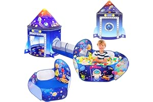 3 in 1 Rocket Ship Play Tent with Ball Pit Tunnel for Kid Astronaut Space 3PC Playhouse Indoor Outdoor Foldable Pop Up Tent S