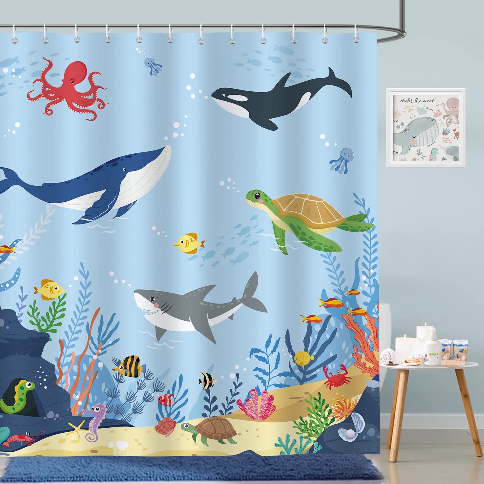 Bonhause Ocean Shower Curtain for Kids Under The Sea Dolphin Fish Blue Bathroom Curtain 180 x 180 cm Waterproof Mildew & Mould Resistant Polyester Fabric Bath Curtain with 12 Hooks