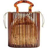 Womens Fashion Bamboo Bag with Acrylic Handle Bucket Bag Summer Beach Clutch Purse Handbags