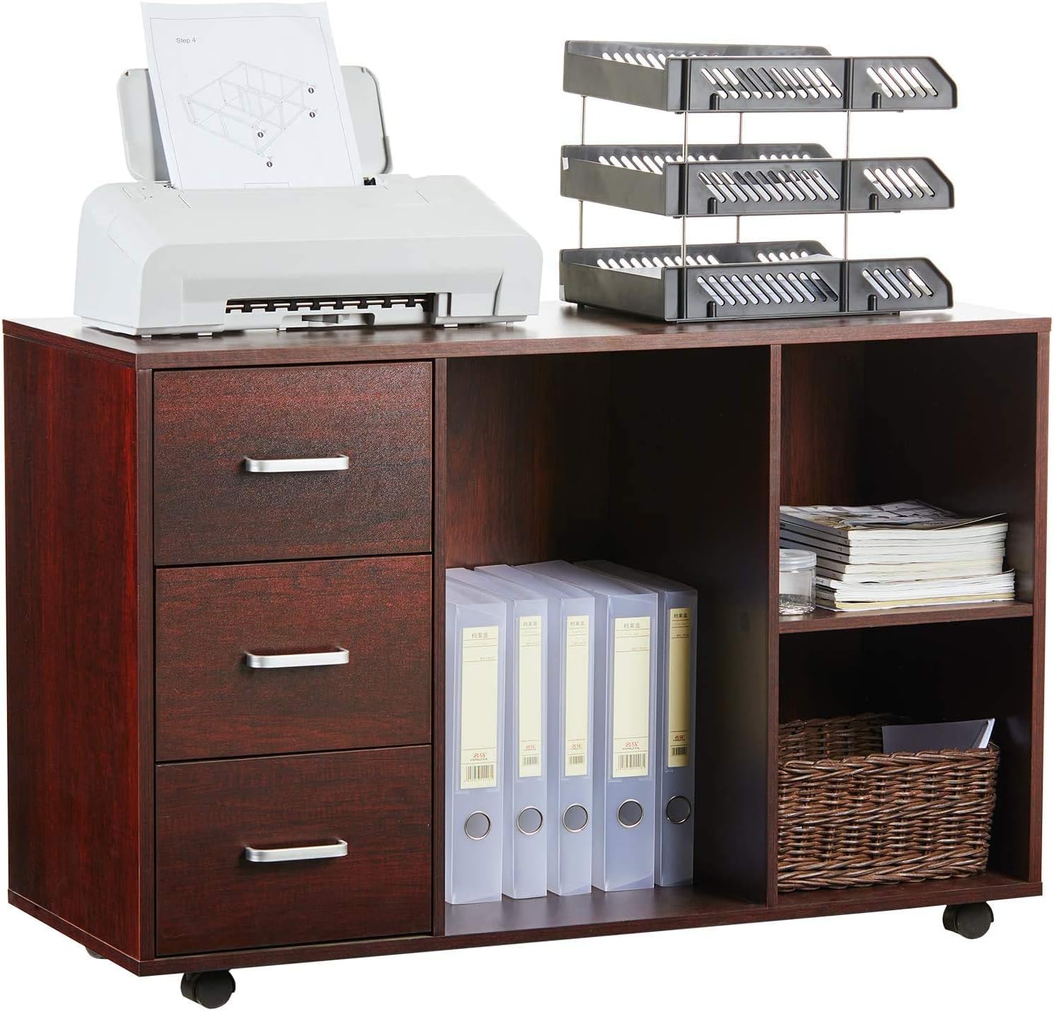 Amazon Com Itaar 39 Inches Wood File Cabinet 3 Drawer Storage Printer Stand Mobile Lateral Filing Cabinet With Wheels Open Storage Shelves For Home Office Study Bedroom Cherry Red Office Products