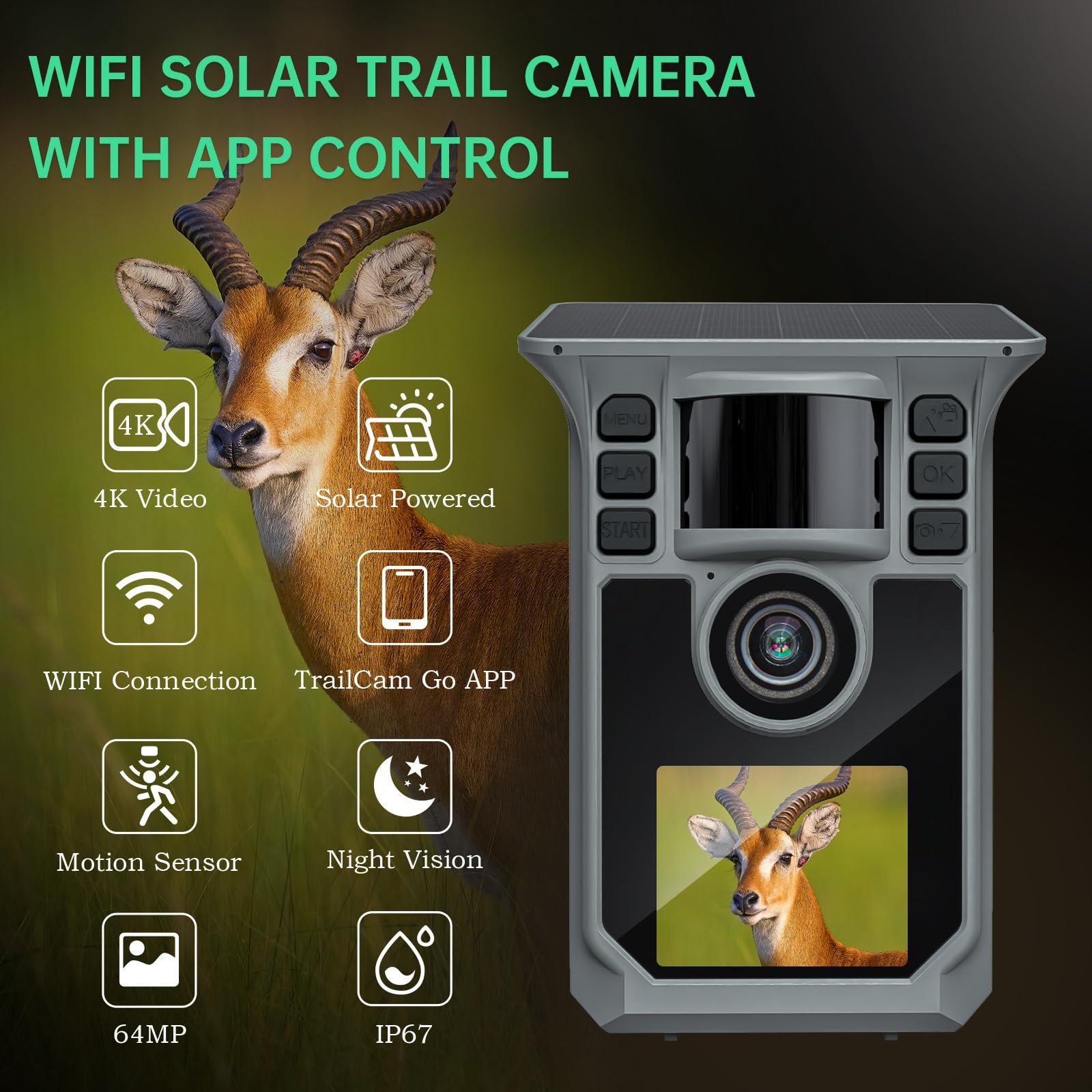 Hrivcam Trail Camera 4K 64MP WiFi Solar Game Camera, 5000mAh Forever Power, 64GB Memory Card and Ip67 Waterproof Night Vision Trail Cam for Outdoor Wildlife Detection, Monitoring Trail Cameras