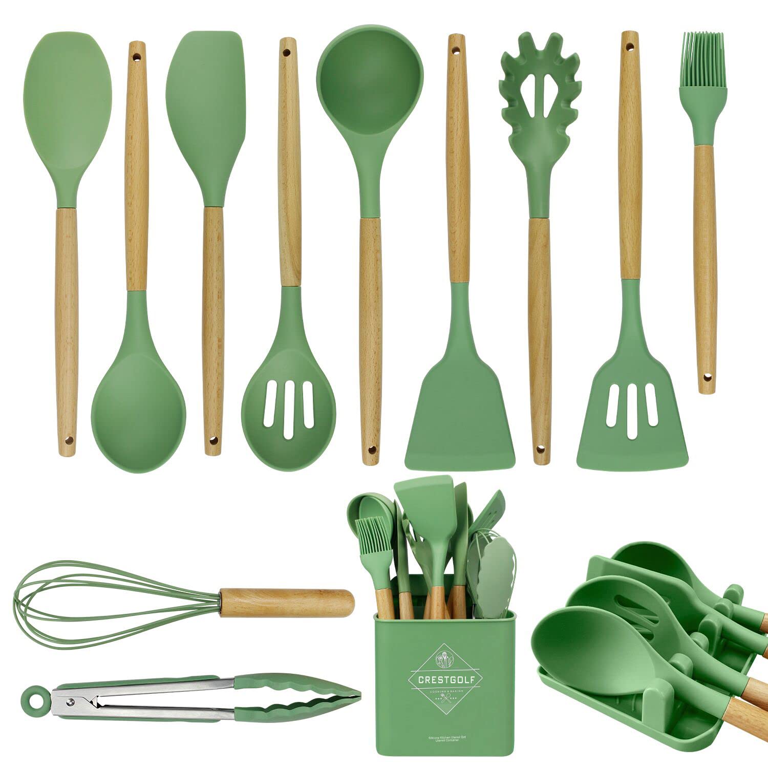 Kitchen Utensils Set, 13 pcs Heat Resistant Kitchen Silicone Set Cooking Utensil Spatula Set with Tray, Cooking Spatula Turner Heat Resistant Tools with Wooden Handle (Avocado Green)
