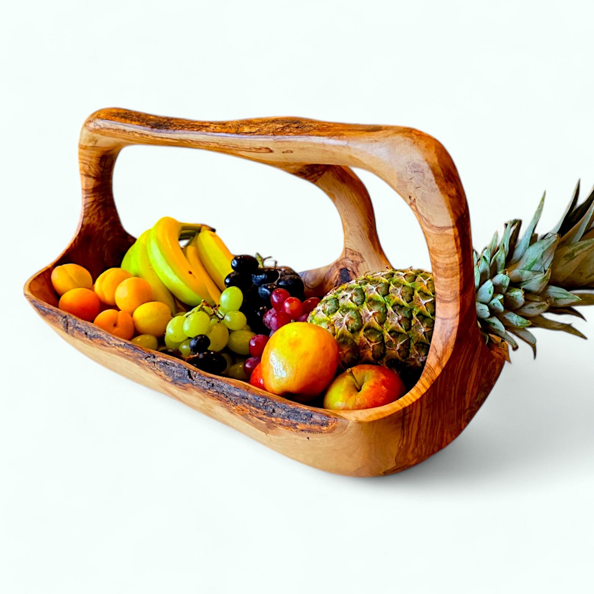 Fruit Basket with Handle | Handcrafted Olive Wood Decorative Bowl with Handle | Unique Design Natural Finish | Perfect for Serving Display Home Décor Eco-Friendly