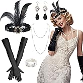 5 Pcs 1920s Flapper Accessories Set, 20s Vintage Costume for Women with Feather Headband Gloves Earrings Necklace Bracelet, 20s Costume Accessories for Party Cosplay