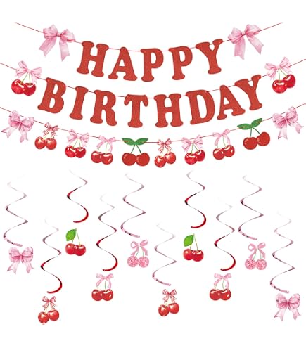 Cherry Birthday Banner 6x3.6 Ft - Red & Pink Party Backdrop For Girls & Women Birthday Decor - View #7