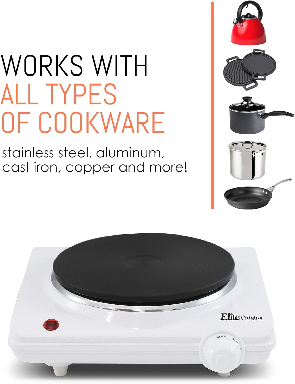Maxi-Matic Elite Cuisine Countertop Electric Hot Burner, Temperature Controls, Power Indicator Lights, Easy to Clean, Single, White: Electric Countertop Burners: Kitchen & Dining