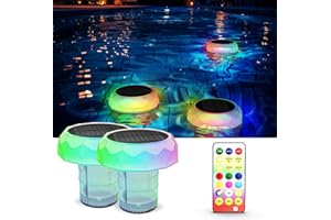 BASON LIGHTING Solar Powered Floating Pool Light with Chlorine Tablet Floater, IP68 Waterproof RGB Color Changing Pool Lights with Remote Control, Adjustable Dispenser,Timer Settings, 2 Pack.