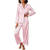 Ekouaer Womens Silk Satin Pajama Sets 2 Piece Sleepwear Pjs Set Long Sleeve Button Down Top and Pants Stripe Loungewear S-XXL