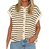 Cicy Bell Womens Striped Cap Sleeve Sweater Vest Crew Neck Button Down Cardigan Cute Knit Tops